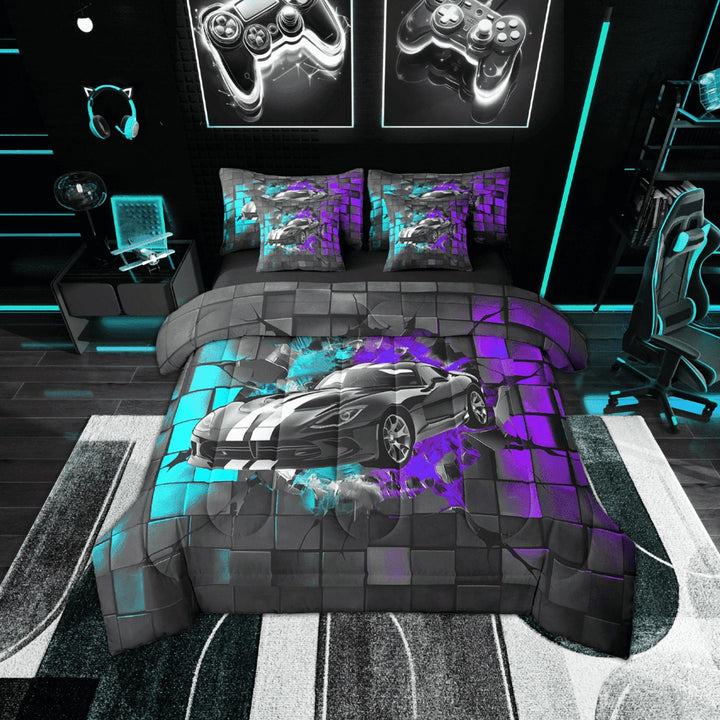 Erosebridal Fast Car Bedding Sets Twin Size,Extreme Sports Comforter Sets with Sheets,Plaid Buffalo Bed in a Bag Twin size,Super Cozy Teens Bedroom Decor,Reversible,7-Piece