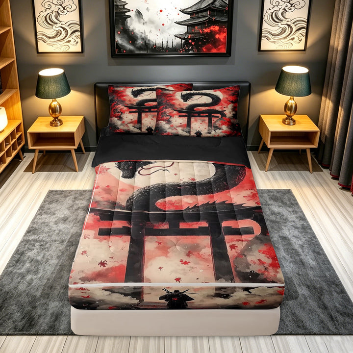 meiyoeat Samurai Japanese Dragon Zipper Comforter Set with Fitted Sheet and 2 Pillowcases for Boys, Galaxy Cherry Blossoms Zipper Bedding Set, Dark Crimson, Black Reversible, 3 Pieces