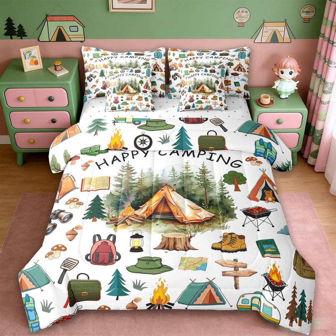 Erosebridal Camping Adventure 7-Piece Twin Bedding Sets For Camper Gifts,Rustic Country Style Bedding Comforter Set For Boys Kids,Reversible