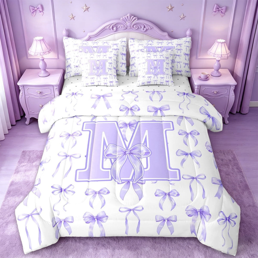 Manfei Coquette Purple Bowknot 7 Pieces Bedding Comforter Set For Girls,Purple 3D Letter M Monogrammed Full Bedding Set,Reversible