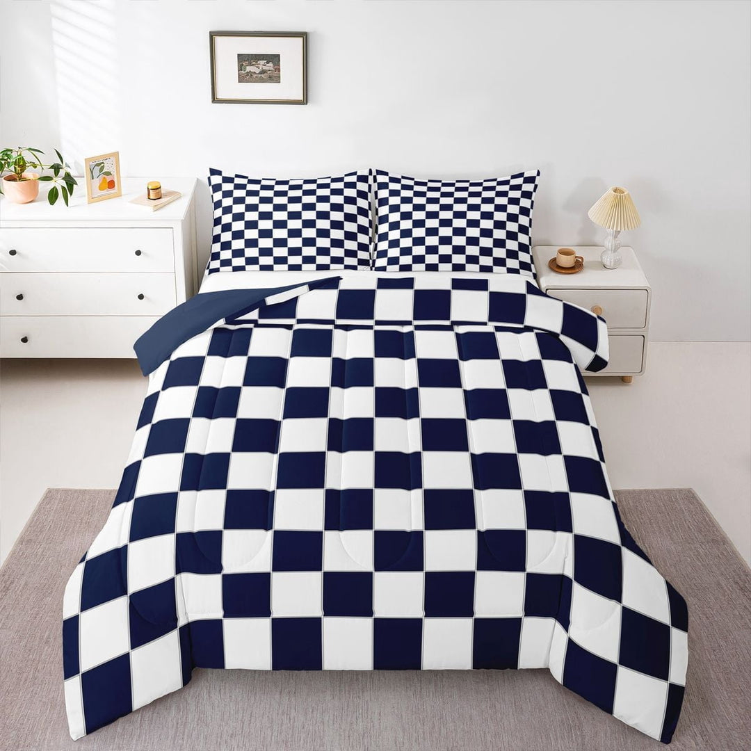 Erosebridal Navy Checkered Bedding Set White Dark Blue Buffalo Plaid Grid Comforter Set Full,Checkerboard Quilt Set Mengeometrical Gingham Duvet Set Modern Room Decor