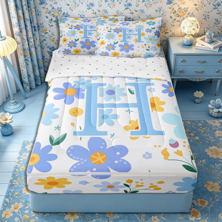 Meiyoeat Fresh Daisy Letter H Zipper Twin Comforter Sets with Fitted Sheet and 2 Pillowcases for Girls Adults, Sweet Monogram Zipper Bedding Set, Light Blue Yellow White,4-Piece
