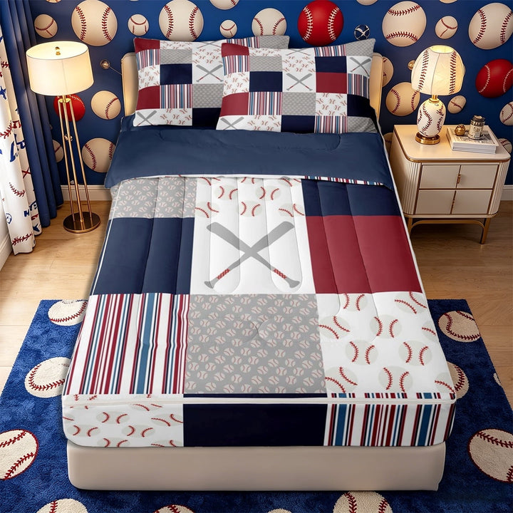 Meiyoeat Sporty Baseball Print Zipper Twin Comforter Sets with Fitted Sheet and 2 Pillowcases, Patchwork Stripe Pattern Zipper Bedding Set, Red Blue Gray,4-Piece,Navy Blue Reversible