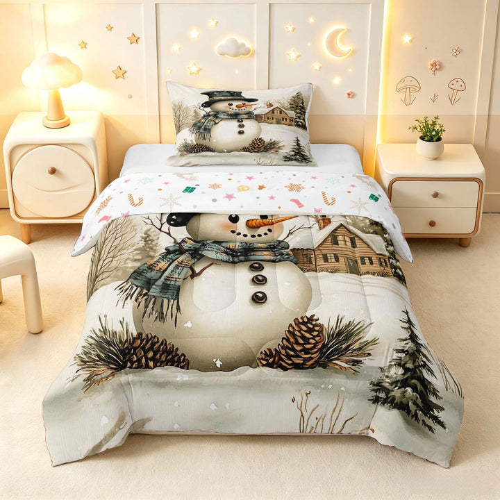 Manfei Cute Christmas Snowman Twin Comforter Sets,Winter Cabin Bedding Set,Cream Brown,Christmas Reversible,2pcs,1 Comforter and 1 Pillowcase