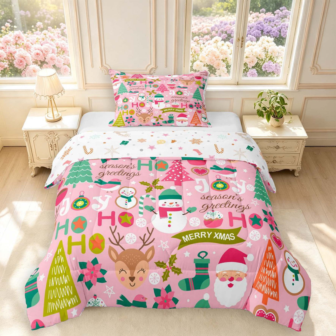 Manfei Cute Reindeer Animals Twin Comforter Sets,Festive Christmas Bedding Set,Pink,Christmas Reversible,2-Piece,1 Comforter and 1 Pillowcase