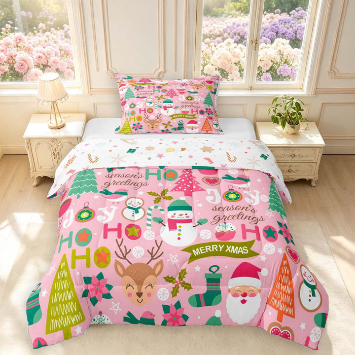 Manfei Cute Reindeer Animals Twin Comforter Sets,Festive Christmas Bedding Set,Pink,Christmas Reversible,2-Piece,1 Comforter and 1 Pillowcase