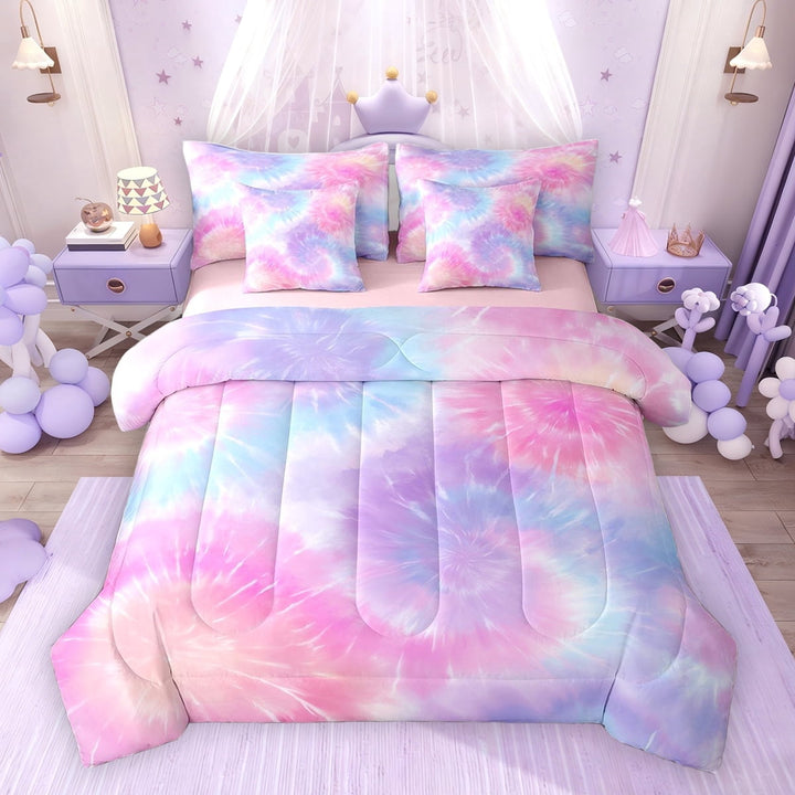 Erosebridal Rainbow Tie Dye Twin Bedding Sets for Girls, Purple Pink Bedding Comforter Set, Pink Reversible, 7-Piece