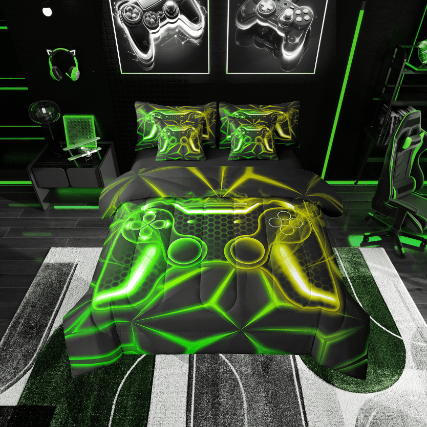 Erosebridal Teens Gamepads Bedding Sets Twin Size,Green Yellow Comforter Sets with Sheets,Video Game Bed in a Bag Twin size,Breathable Geometric Room Decor,Reversible,7pcs