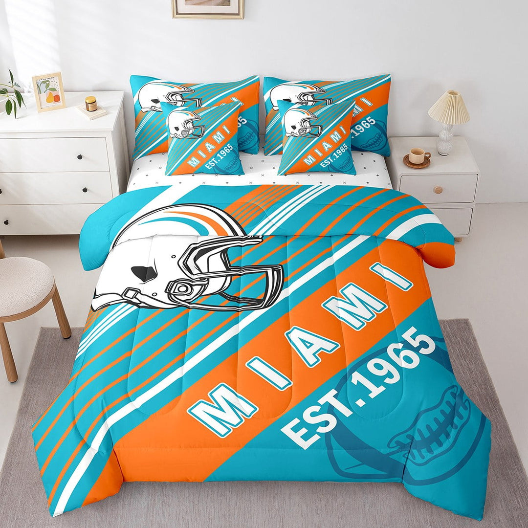 Erosebridal Rugby Bedding Sets Twin Size,Stripes Sport Comforter Sets with Sheets,Football Gaming Decor (Miami),Reversible,Breathable,7-Piece