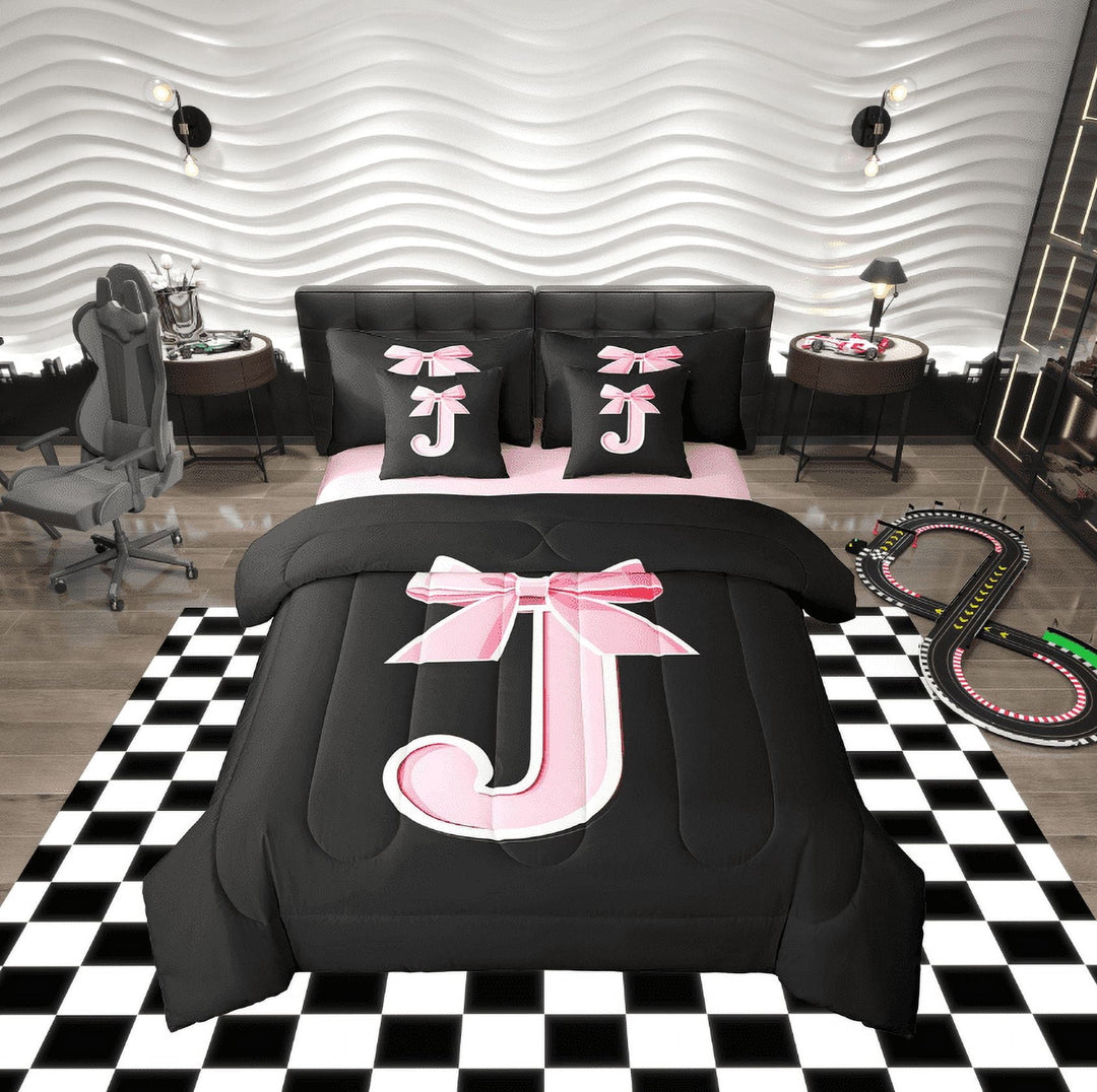 Erosebridal Initial J Letter Bed in a Bag Full size, Princess Bow Bed Set, Pink Monogrammed Reversible Bedding Full Size, Microfiber Room Decor, 7 Pieces