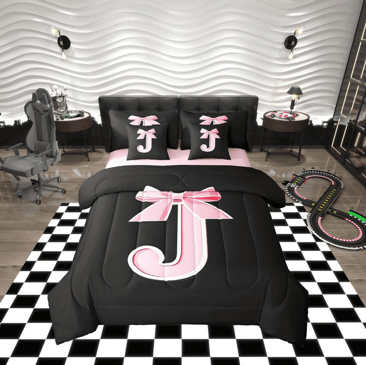 Erosebridal Initial J Letter Bed in a Bag Full size, Princess Bow Bed Set, Pink Monogrammed Reversible Bedding Full Size, Microfiber Room Decor, 7 Pieces