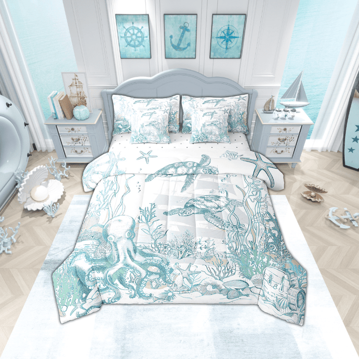 Nautical Coastal Sea Turtle Comforter Set 7 Piece Bed in a Bag Twin,Ocean Beach Bedding Set Twin,Coral Octopus Sheet Sets with Comforter Seahorse Starfish Fish Bed Set,Sailboat Boat Anchor Room Decor