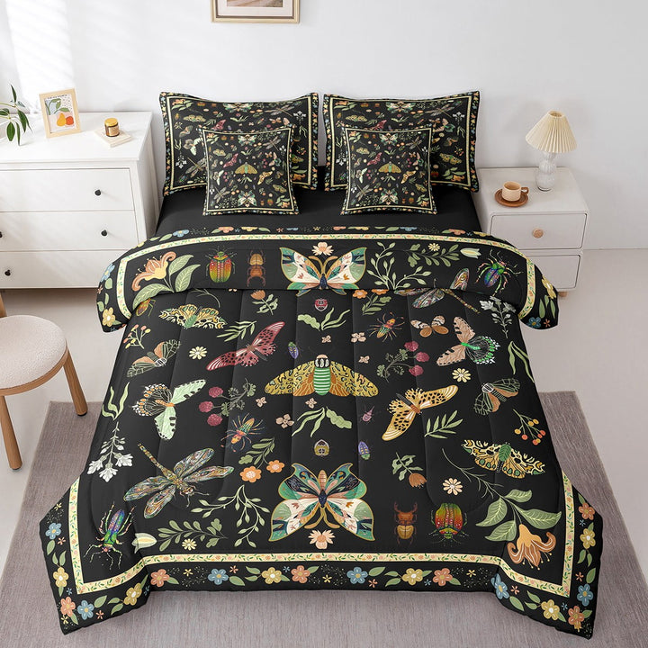 Erosebridal Butterfly Moth Bedding Sets King Size,Black Green Bedding King Size,Floral Decoration,Reversible,Microfiber,7 Pieces