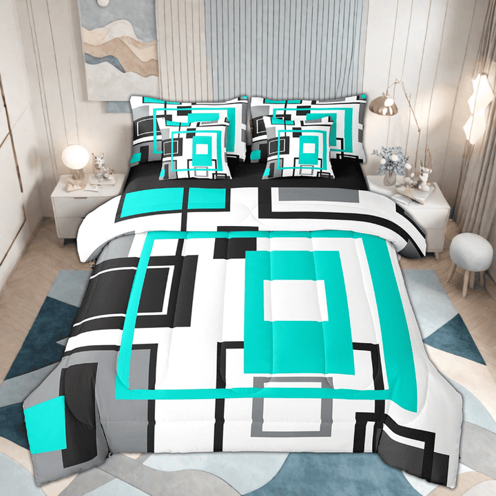 Erosebridal Turquoise Geometric 7 Piece Bed In A Bag Black White Teal Grey Bedding Sets Full Size,Geometry Square Grids Comforter Set 7 Piece Adults Modern Simple Abstract Stripes Bed Set