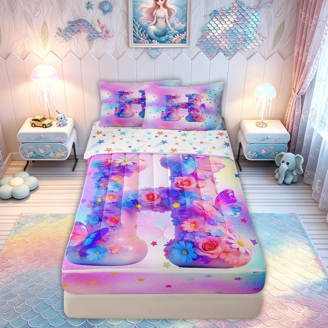 meiyoeat Flower Butterfly Initial Rainbow Zipper Comforter Set with Fitted Sheet and 2 Pillowcases, Watercolor Galaxy Stars Zipper Bedding Set for Girls, Colorful Star Reversible, 3-Piece