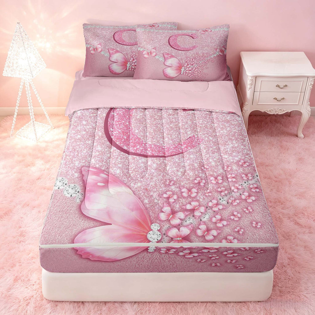 meiyoeat Pink Glitter Butterfly Monogrammed C Zipper Twin Comforter Sets with Fitted Sheet and 2 Pillowcases for Girls, Sparkle Floral Initial Letter Zipper Bedding Set, Pink Reversible