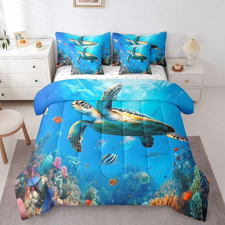 Sea Turtle Full Size Comforter Set - Bedding Set Full 7 Pieces,Beach Coastal Bed in a Bag Underwater World Fish Ocean Bed Set with Comforter,Sheets,Pillowcases &amp; Shams