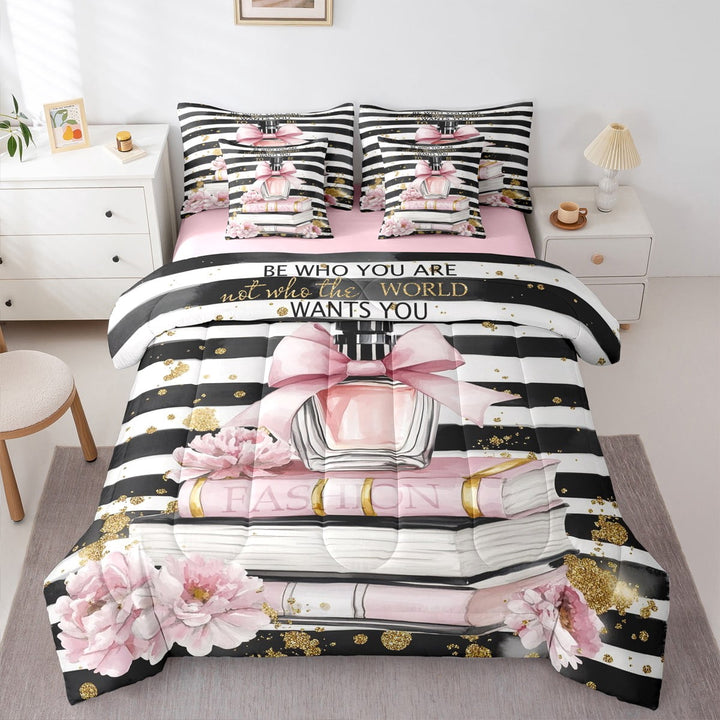 7 Piece Fashion Woman Dress Bedding Sets Golden Polka Dots Bed in a Bag Queen Black Decor Comforter Set with Sheets Romantic Makeup Themed Bed Set Black White Stripe Sheets