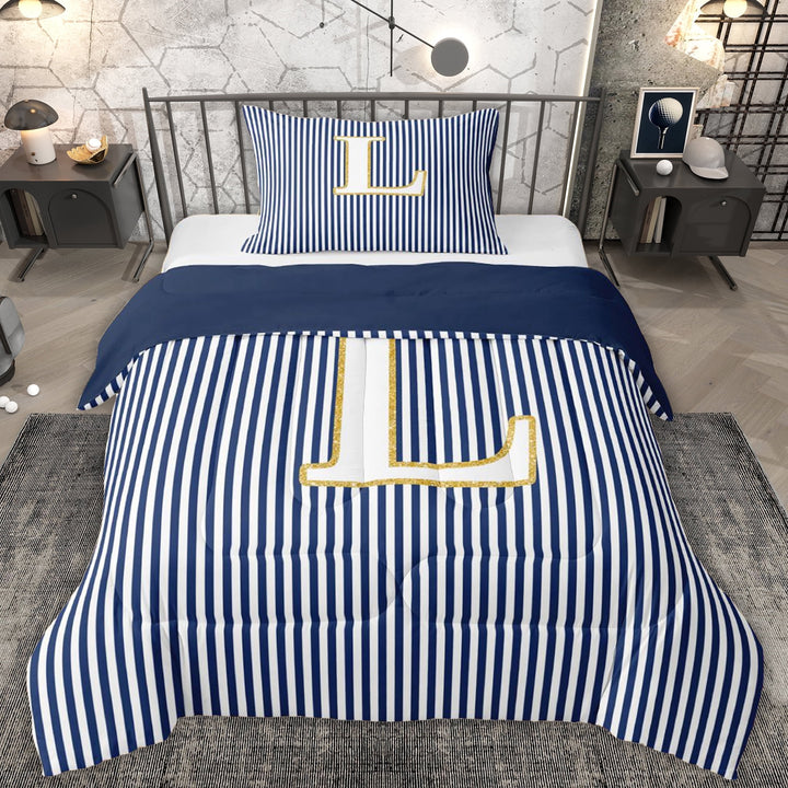 Erosebridal Kids Cartoon Monogrammed L Twin Comforter Sets, Navy Stripes Ombre Bedding Set, 2 Pieces