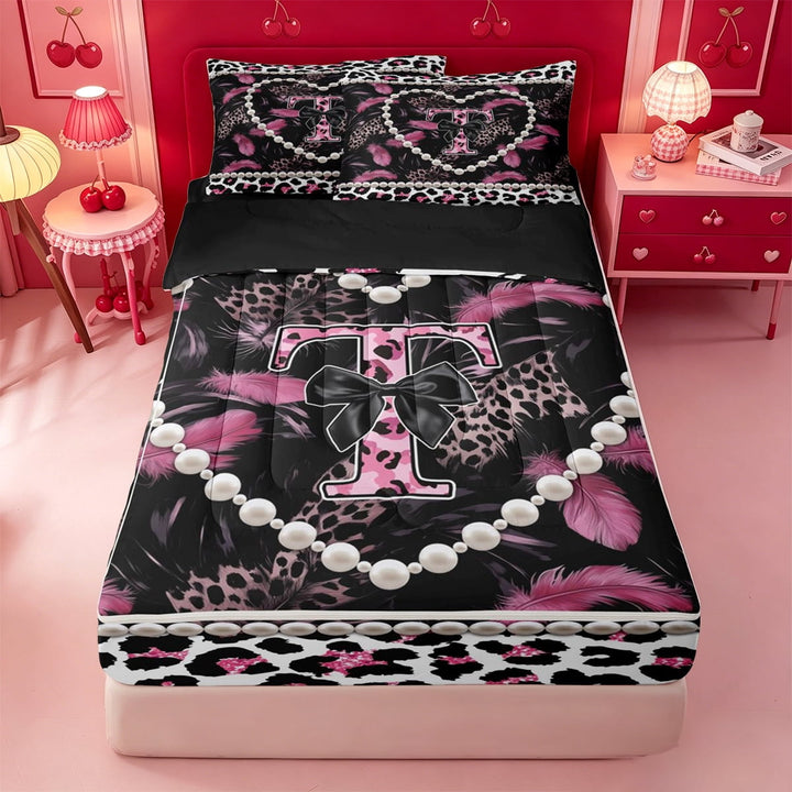 meiyoeat Leopard Animal Letter Print T Zipper Full Size Comforter Sets with Fitted Sheet and 2 Pillowcases For Bowknot Girls,Chic Pearl Heart Zipper Bedding Set For Kids,black Reversible,4 Pieces