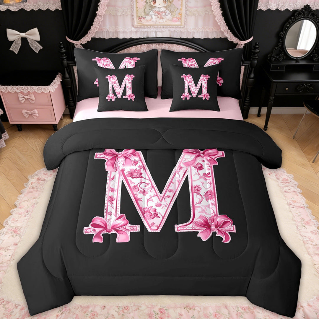 Erosebridal Pink Floral Letter M Bow Twin Bedding Sets for Girls Women, Princess Bowknot Bedding Comforter Set, Reversible, 7-Piece