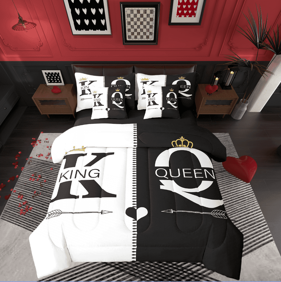 King And Queen Crown King Bed In A Bag 7 Piece Black White Mr Mrs Bedding Set With Sheets For Adults Men Women,His And Hers Couple Comforter Set Valentine&