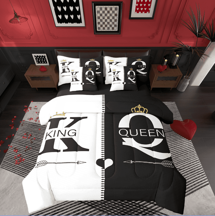 King And Queen Crown King Bed In A Bag 7 Piece Black White Mr Mrs Bedding Set With Sheets For Adults Men Women,His And Hers Couple Comforter Set Valentine&