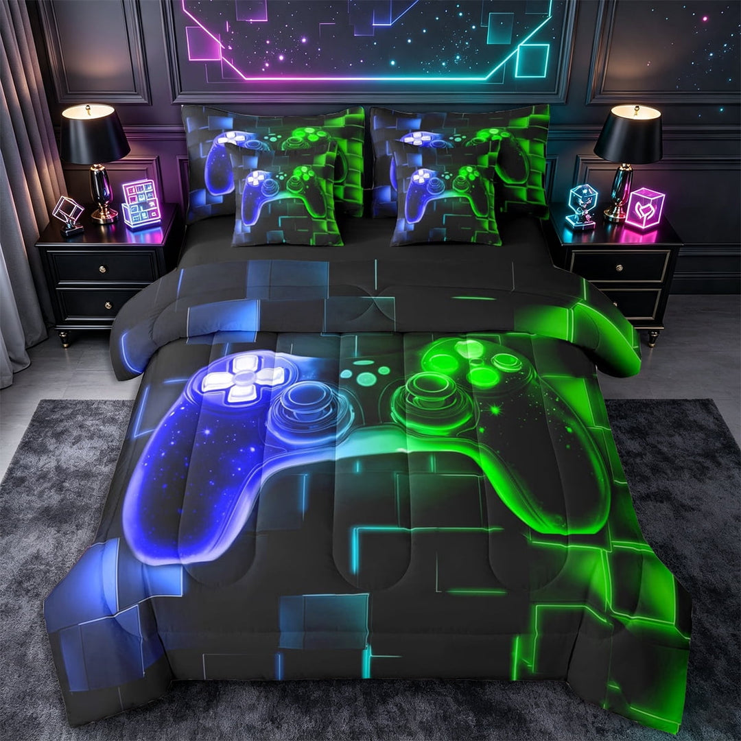 Erosebridal 7Pcs Gamer Play Station Comforter Set for Boys,Gaming Bedding Comforter Set,Gaming Queen Comforter Bed In A Bag Queen,Neon Glowing Square Grid Green Blue Bed Set