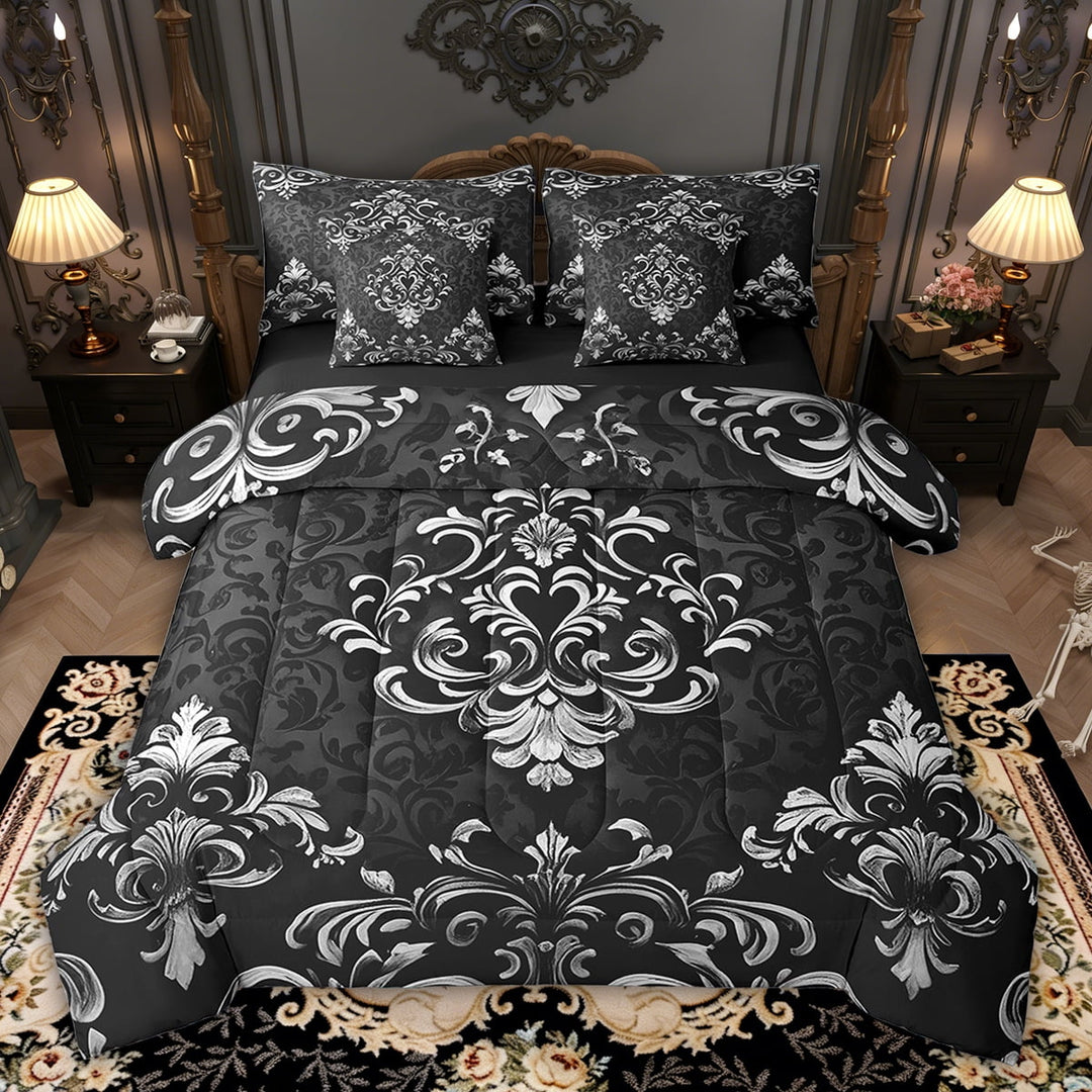 Manfei Victorian Damask 7pcs Bedding Queen Size, Vintage Baroque Floral Comforter Sets with Sheets, Black Gray Bed Set, Breathable Bedroom Decor