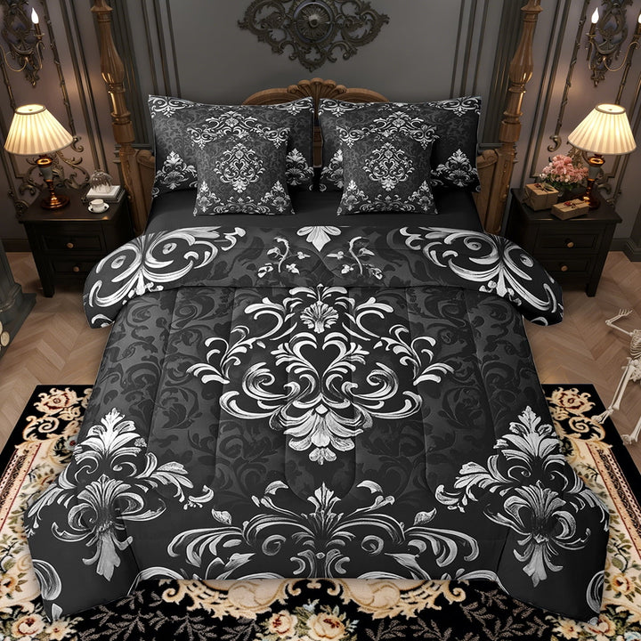 Manfei Victorian Damask 7pcs Bedding Queen Size, Vintage Baroque Floral Comforter Sets with Sheets, Black Gray Bed Set, Breathable Bedroom Decor