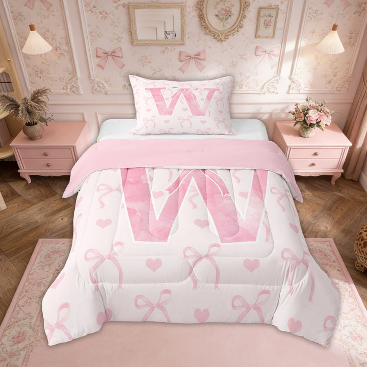 Erosebridal Initial Letter W Bedding Twin Comforter Set, Dreamy Bow Love Down Comforter, Girly Romantic Decor, Reversible 2pcs