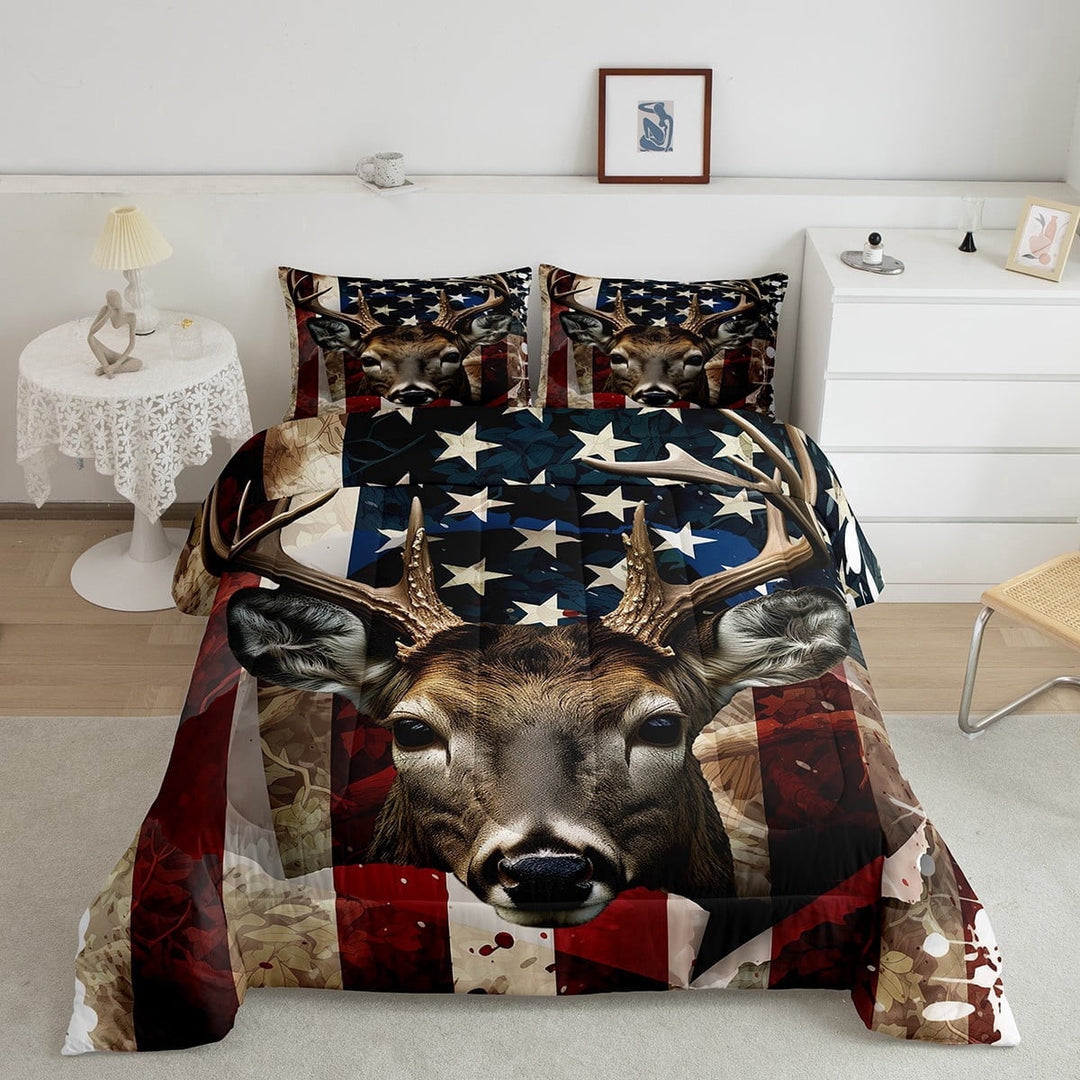 American Flag Comforter Set, Rustic Deer Bed Comforter King Teens, United States Bedding Set Stars and Stripes Duvet Sets Geometric Stripes Quilt Elk Wild Animal Print Bed Set 3Pcs