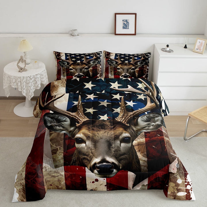 American Flag Comforter Set, Rustic Deer Bed Comforter King Teens, United States Bedding Set Stars and Stripes Duvet Sets Geometric Stripes Quilt Elk Wild Animal Print Bed Set 3Pcs