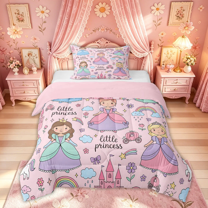 Meiyoeat Cute Princess Castle Rainbow Full Size Comforter Sets for Kids Girls, Girly Pink Cartoon Bedding Sets, Pink Reversible, 3 Pieces