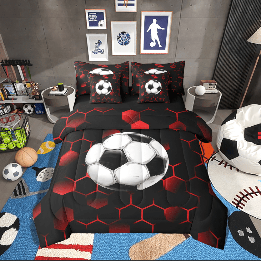 Erosebridal Honeycomb Soccer Bedding Sets Twin Size,Sport Gradiet Comforter Sets with Sheets,Geometry Bedroom Decor,Reversible,Breathable,7-Piece