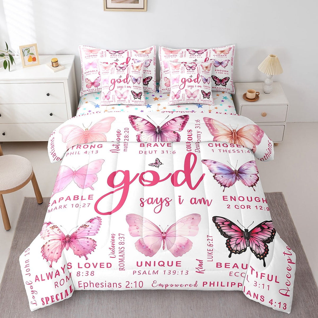 Erosebridal Chic Butterfly Bed in a Bag Twin size, Inspirational Words Bed Set, Pastel Pink Decor, Reversible