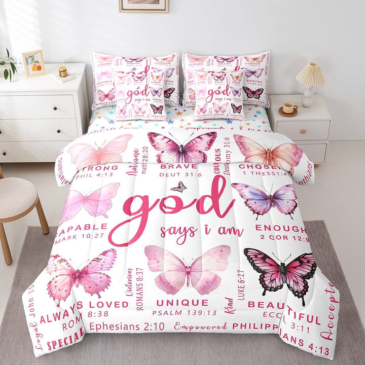 Erosebridal Chic Butterfly Bed in a Bag Twin size, Inspirational Words Bed Set, Pastel Pink Decor, Reversible