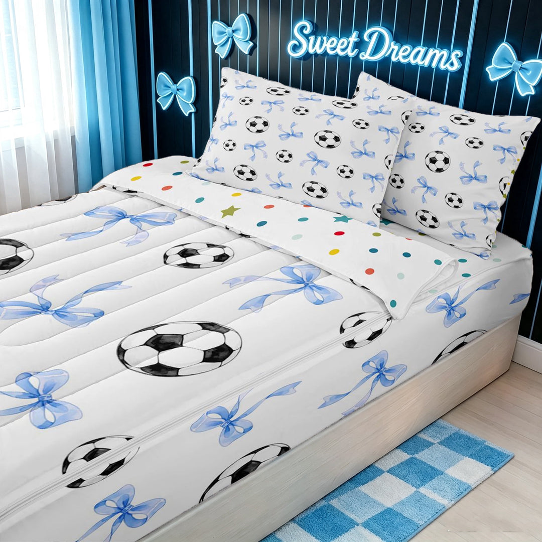 meiyoeat Cartoon Soccer Zipper Full Size Comforter Sets with Fitted Sheet and 2 Pillowcases for Girls, Blue Watercolor Bow Zipper Bedding Set, Polkadot Reversible, 4 Pieces