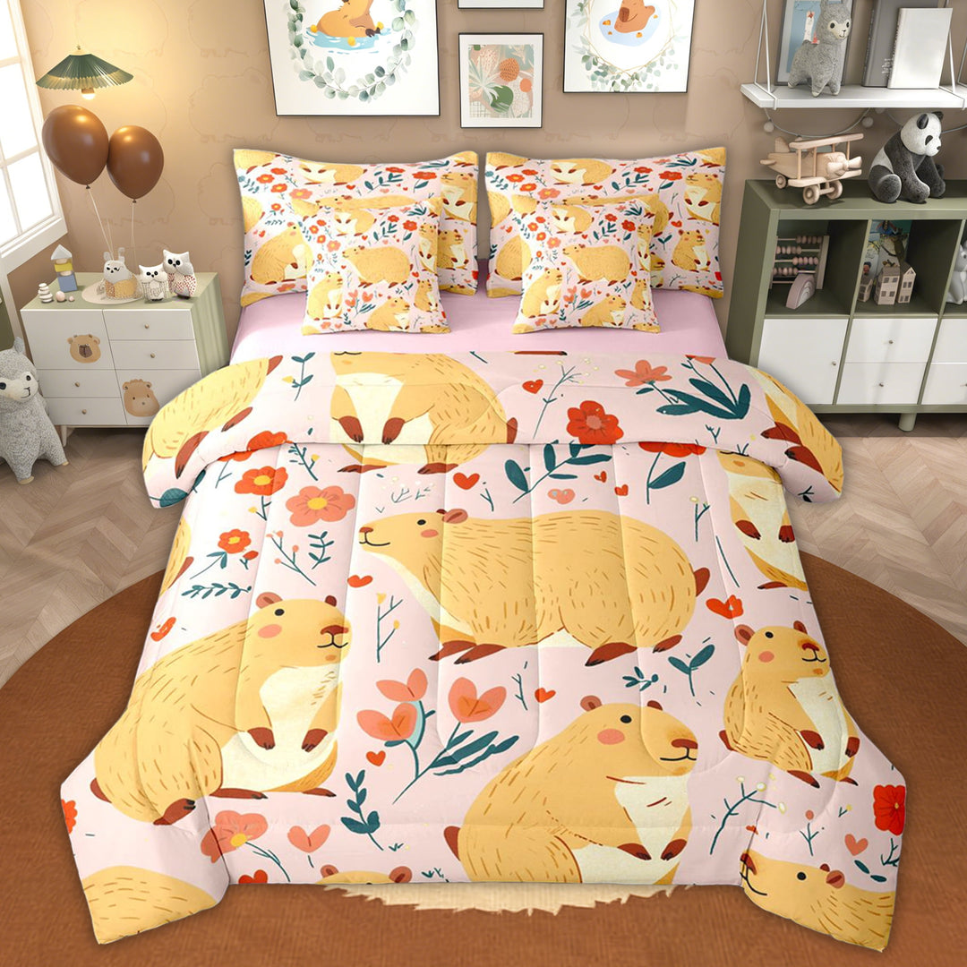 Erosebridal Kid Cute Capybara Twin Bedding Sets, Flower Floral Bedding Comforter Set, Pink Reversible, 7-Piece
