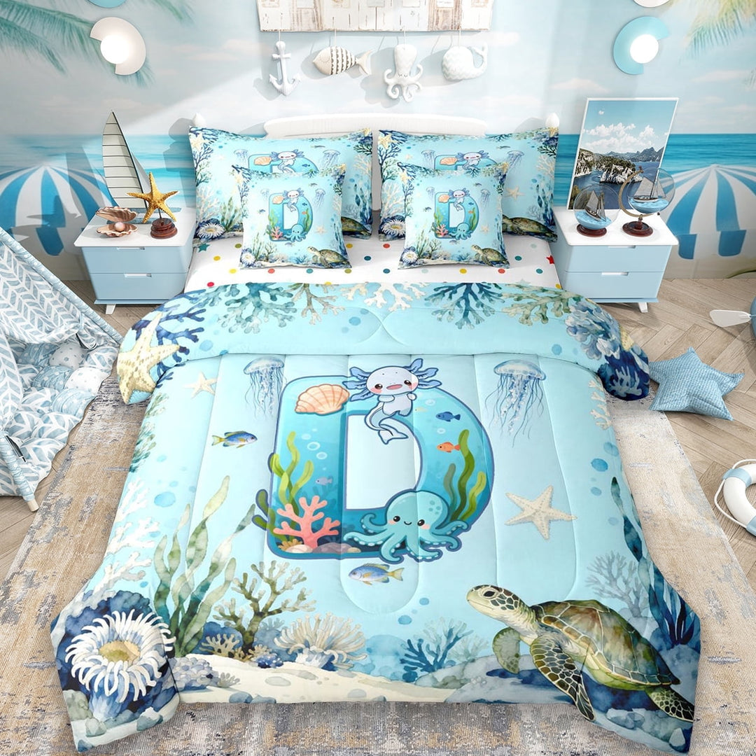 Erosebridal Watercolor Ocean Coral 7-Piece Twin Bedding Sets For Boys,Cute Axolotl Letter D Monogrammed Kids Bedding Comforter Set,Reversible