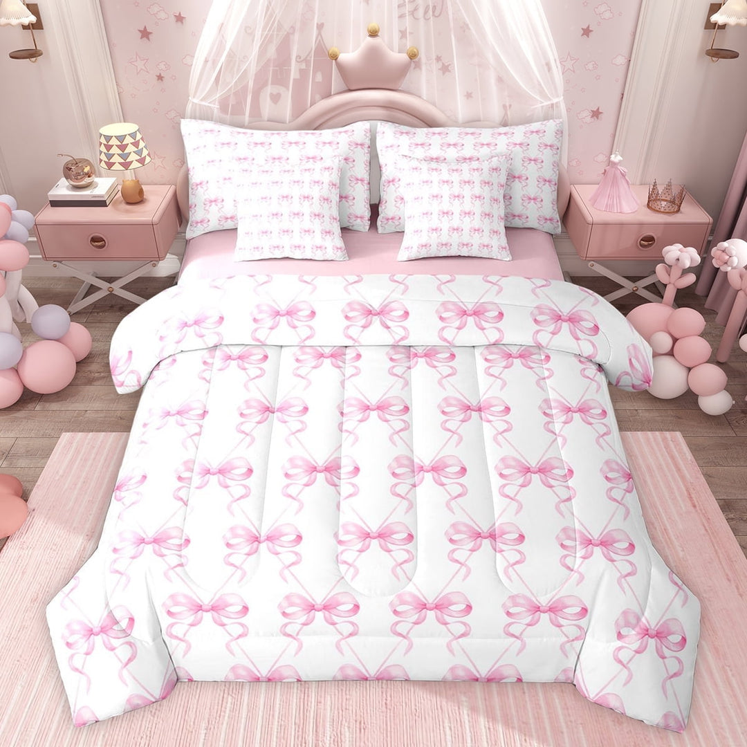 jejeloiu Pink Bows 7-Piece Twin Bedding Sets,Cute Bowknot Bedding Comforter Set For Girls Kids Reversible