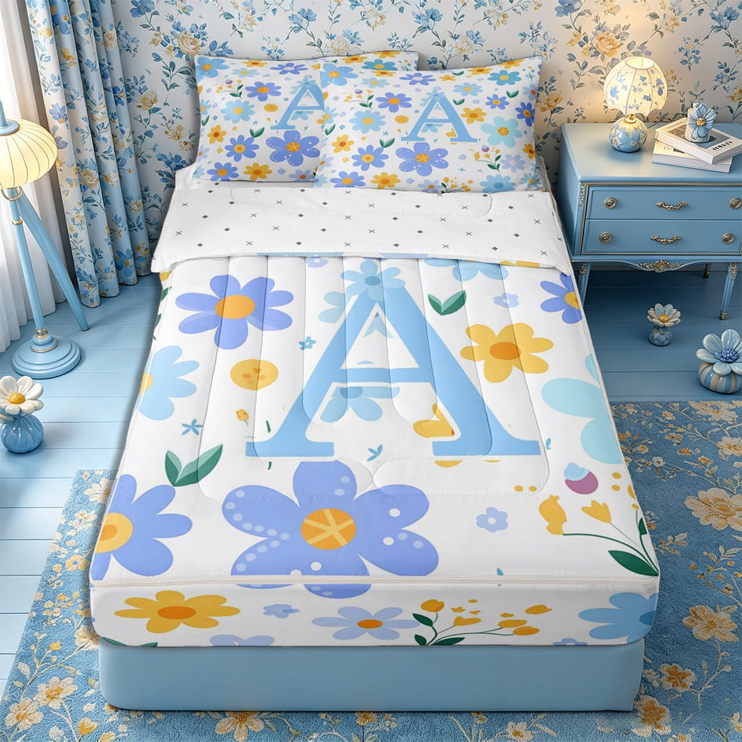 Meiyoeat Cute Floral Letter A Zipper Full Size Comforter Sets with Fitted Sheet and 2 Pillowcases for Girls Kids, Fresh Daisy Zipper Bedding Set for Nursery, Light Blue Yellow White,4pcs