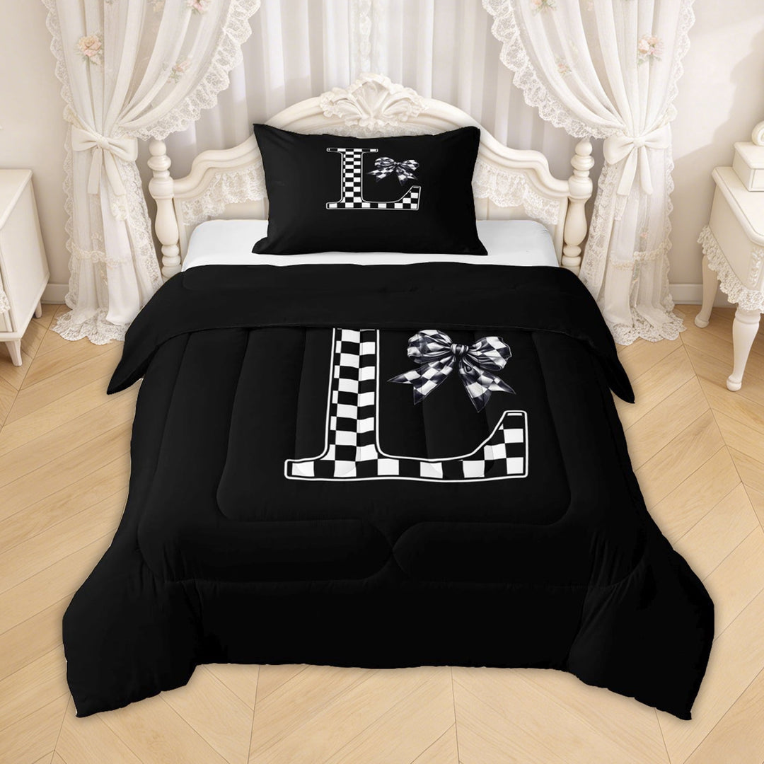 Erosebridal Checkered Bow Letter L Twin Comforter Sets for Girls, Black White Ribbon Bedding Set, Black Reversible, 2-Piece