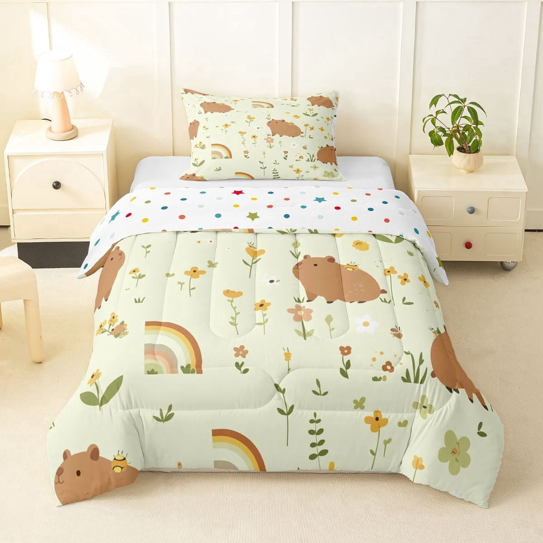 Erosebridal Cute Flowers Capybara Twin Comforter Sets 3-Piece For Children,Boys Girls Kawaii Rainbow Animal Bedding Set,Super Cozy Room Decor