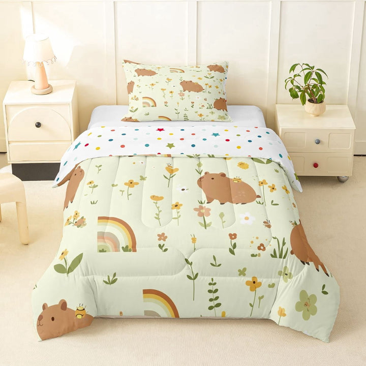 Erosebridal Cute Flowers Capybara Twin Comforter Sets 3-Piece For Children,Boys Girls Kawaii Rainbow Animal Bedding Set,Super Cozy Room Decor