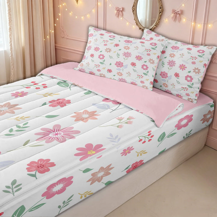 meiyoeat Pastel Floral Print Zipper Full Size Comforter Sets with Fitted Sheet and 2 Pillowcases for Kids Girls, Sprint Wildflower Blossoms Zipper Bedding Set, Pink White, Pink ReversibleG