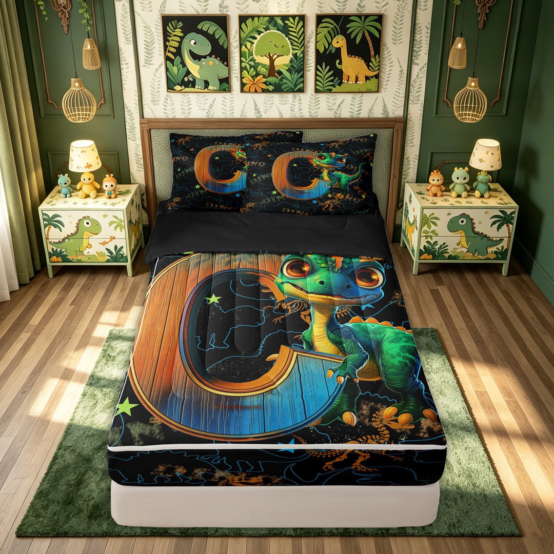 meiyoeat Dinosaur Letter C Print Zipper Comforter Set with Fitted Sheet and 2 Pillowcases for Boys Girls, Cartoon Dino Graffiti Zipper Bedding Set, Black Reversible, 3 Pieces