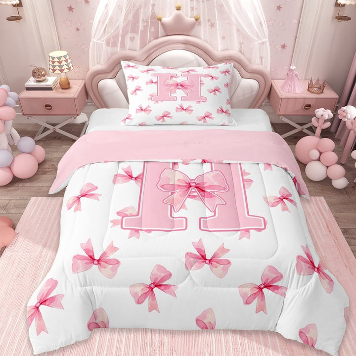 Erosebridal Dreamy Princess Style Twin Comforter Sets,Pink Bowtie Monogrammed H Bedding Set For Princess, Reversible 2pcs