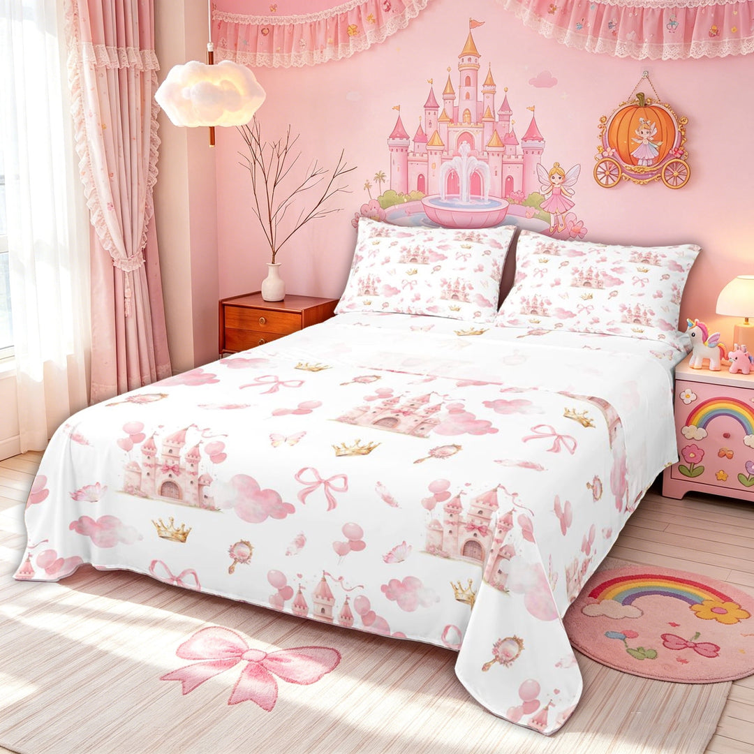 meiyoeat Watercolor Dreamy Castle Bed Sheets for Kids Girls, Princess Fairy Style Full Size Sheets, Pink White, 4 Pieces