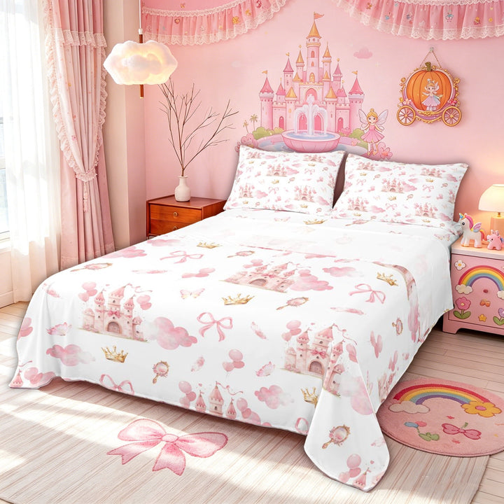 meiyoeat Watercolor Dreamy Castle Bed Sheets for Kids Girls, Princess Fairy Style Full Size Sheets, Pink White, 4 Pieces